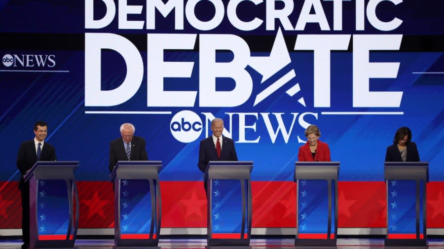 <em>Pete Buttigieg, Bernie Sanders, Joe Biden, Elizabeth Warren and Kamala Harris appear on stage just before the start of the Democratic Presidential Debate at Texas Southern University’s Health and PE Center on Sept. 12, 2019, in Houston.</em> (Photo by Win McNamee/Getty Images)