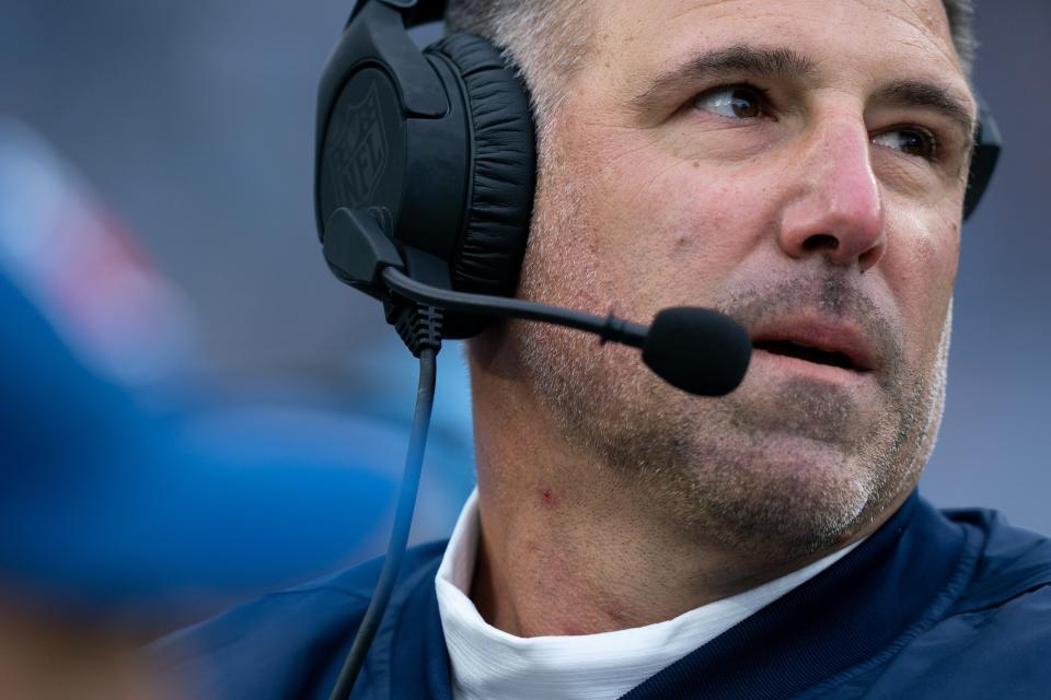 Tennessee Titans head coach Mike Vrabel works the sideline against the Carolina Panthers during their game at Nissan Stadium in Nashville, Tenn., Sunday, Nov. 26, 2023.