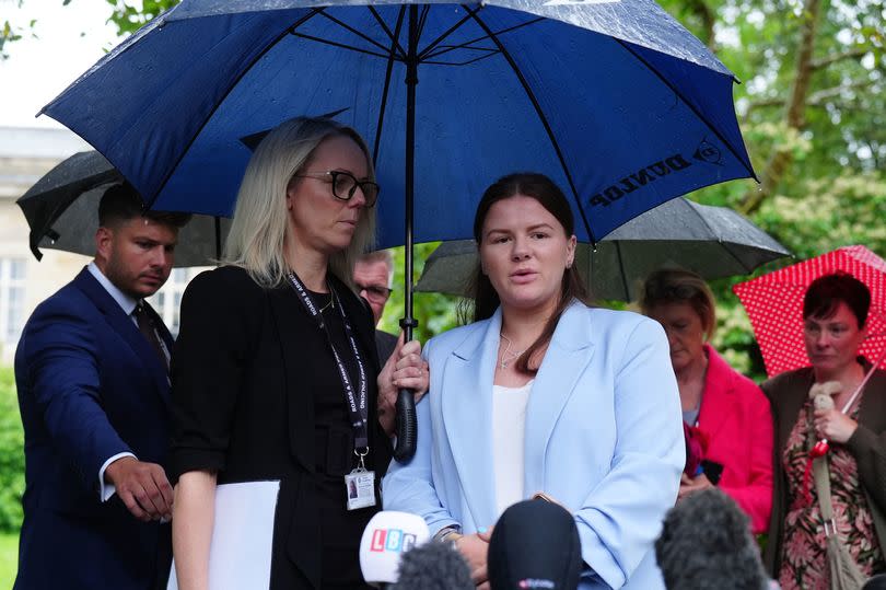 Sharlona Warner, the mother of eight-month-old Zackary Blades speaks to the media alongside Detective Constable Natalie Horner outside Durham Crown Court