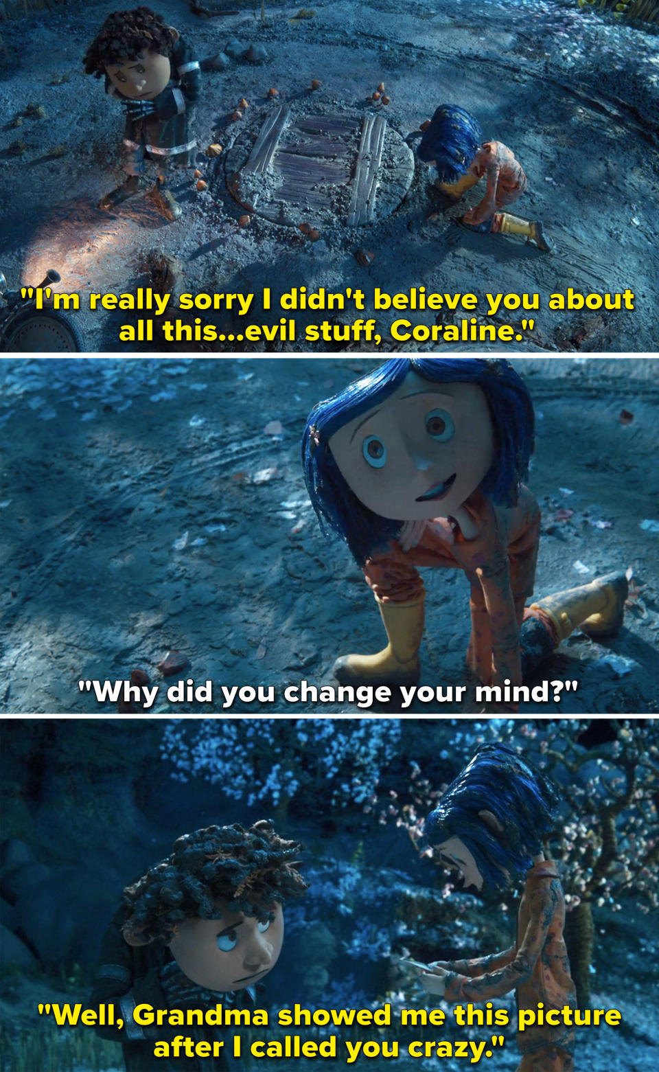 Wylie saying, "I'm really sorry I didn't believe you about all this evil stuff, Coraline"