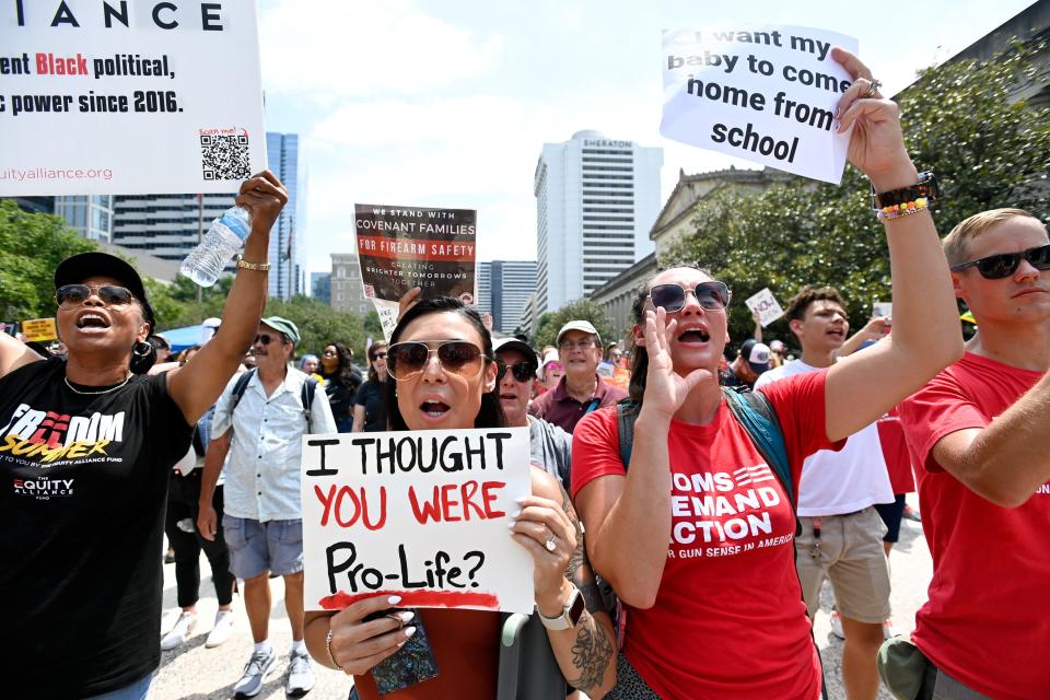 Demonstrators protest in favor of gun reform on the first day of Tennessee's special legislative session on public safety at Legislative Plaza in Nashville, Tenn., Monday, Aug. 21, 2023.