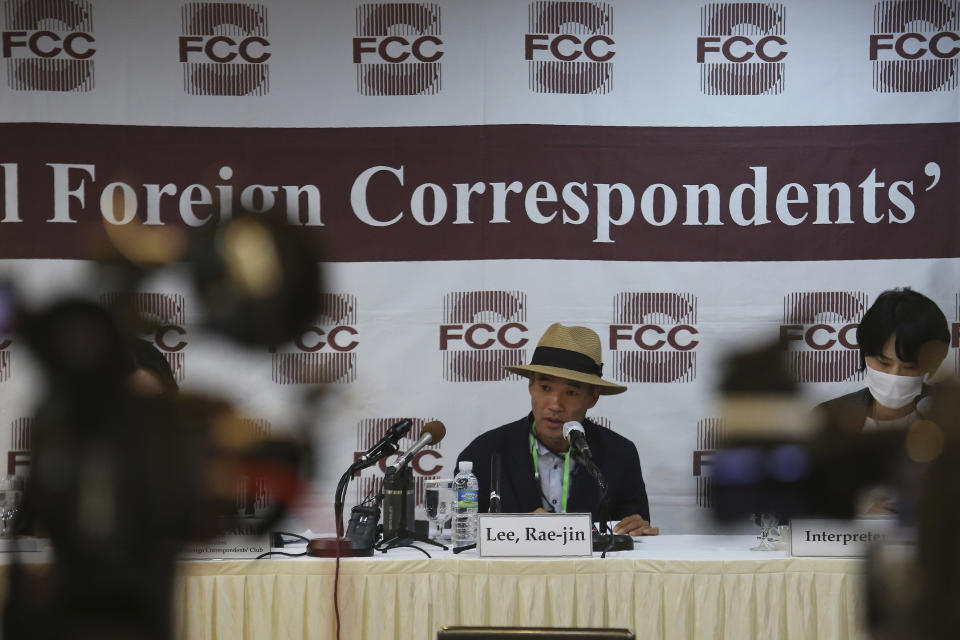 Lee Rae-jin, the older brother of a South Korean government official who recently killed by North Korean troops, speaks during a press conference at the Seoul Foreign Correspondent Club in Seoul, South Korea, Tuesday, Sept. 29, 2020. South Korea said Tuesday that a government official slain by North Korean sailors wanted to defect, concluding that the man, who had gambling debts, swam against unfavorable currents with the help of a life jacket and a floatation device and conveyed his intention of resettling in North Korea. (AP Photo/Ahn Young-joon)