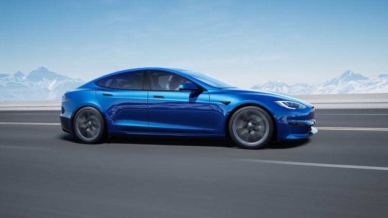 A render of a Tesla Model S EV driving on a highway. 