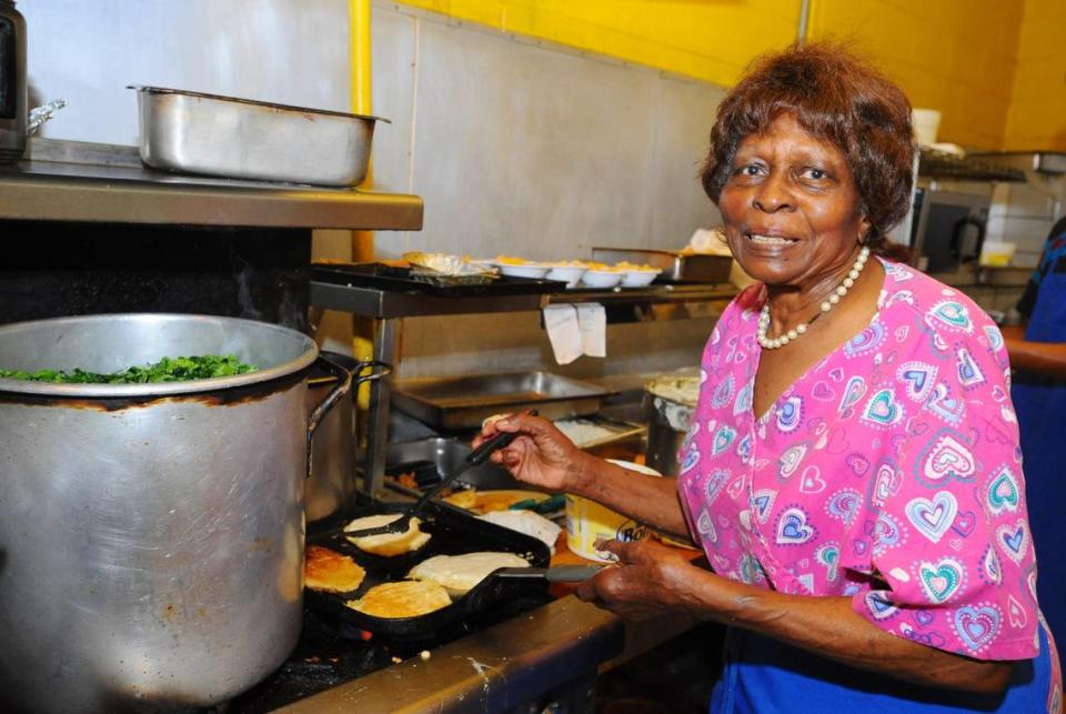 Mama Louise Hudson, original founder of H&H restaurant with her late cousin Inez Hill died Tuesday at the age of 93. File Photo. Mama Louise Hudson makes hoe cakes, pan-fried cornbread cakes at H&H Restaurant in 2013.