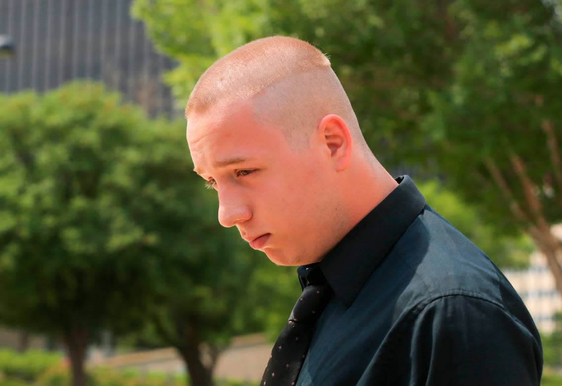 Shane Gaskill, 19, leaves the federal courthouse in Wichita in this 2018 photo. Gaskill pleaded not guilty to charges around his involvement in the orchestration of the swatting call that ended with a 28-year-old man being killed by a Wichita police officer.