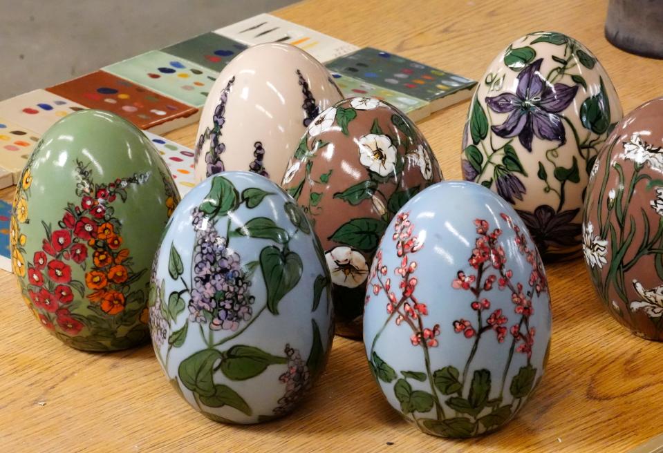 Hand painted Easter eggs by Jenna Sprouse are seen at Rookwood Pottery in Cincinnati.