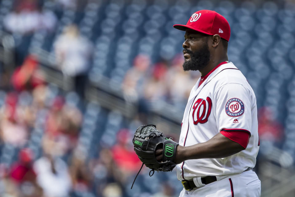 WASHINGTON, DC - JULY 31: Fernando Rodney #56 of the Washington Nationals pitches against the Atlanta Braves during the ninth inning at Nationals Park on July 31, 2019 in Washington, DC. (Photo by Scott Taetsch/Getty Images)