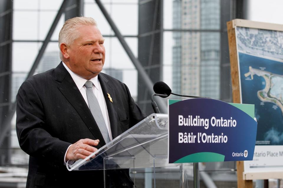 Premier Doug Ford announces at a news conference on April 18, 2023, that the Ontario Science Centre will be moved to Ontario Place.