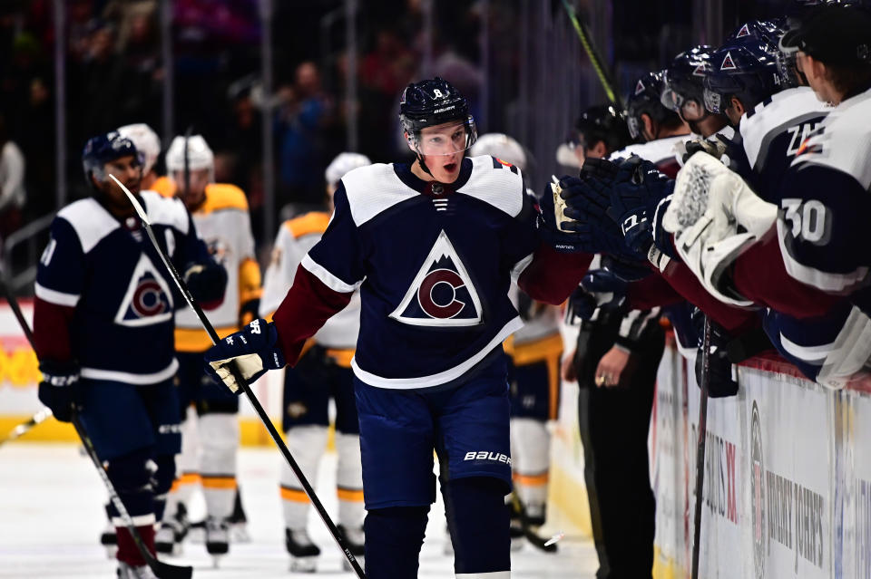 Nov 7, 2019; Denver, CO, USA; Colorado Avalanche defenseman Cale Makar (8) celebrates after scoring a goal in the first period against the Nashville Predators at the Pepsi Center. Mandatory Credit: Ron Chenoy-USA TODAY Sports