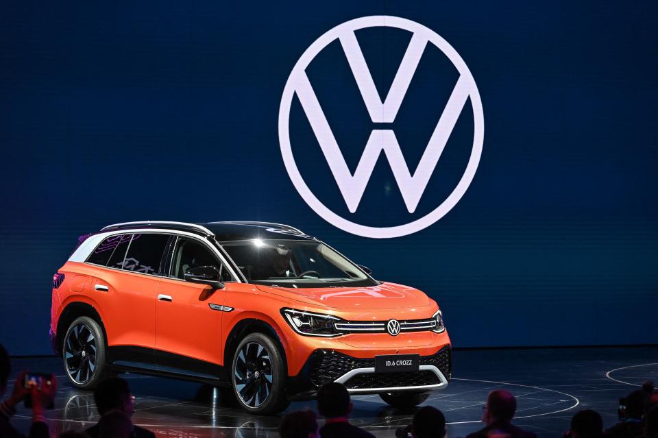 The new Volkswagen ID.6 Crozz car is seen during the 19th Shanghai International Automobile Industry Exhibition in Shanghai on April 19, 2021. (Photo by Hector RETAMAL / AFP) (Photo by HECTOR RETAMAL/AFP via Getty Images)