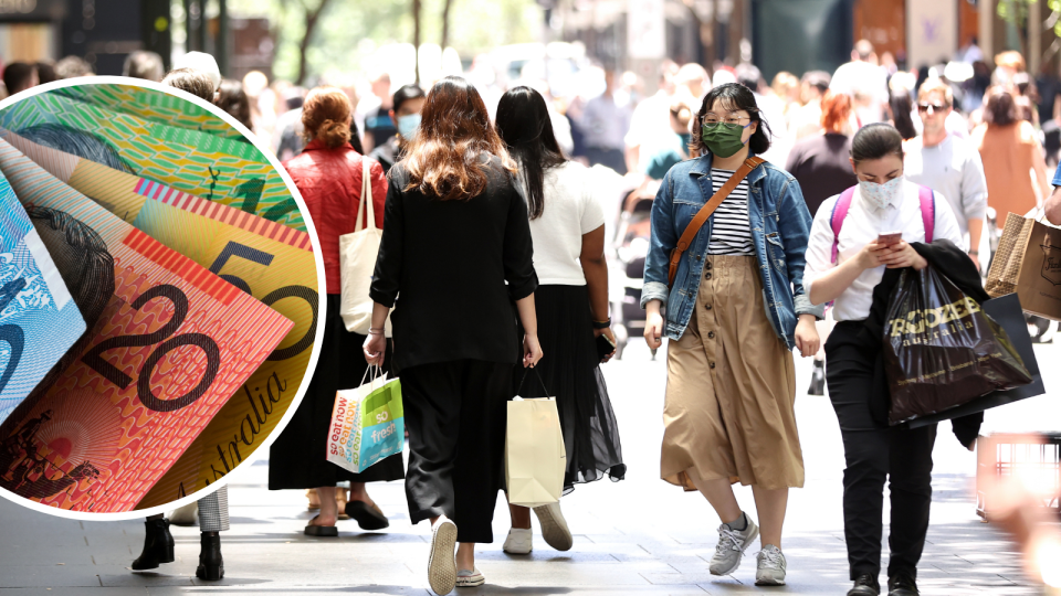 Aussie workers in the city. Australian money notes. Four-day work week concept.