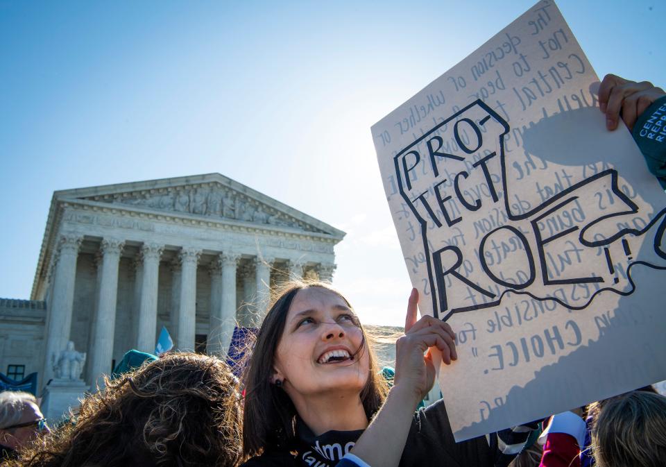 Activists rally outside the Supreme Court on March 4, 2020, during oral arguments for an abortion-related case, June Medical Services v. Russo.