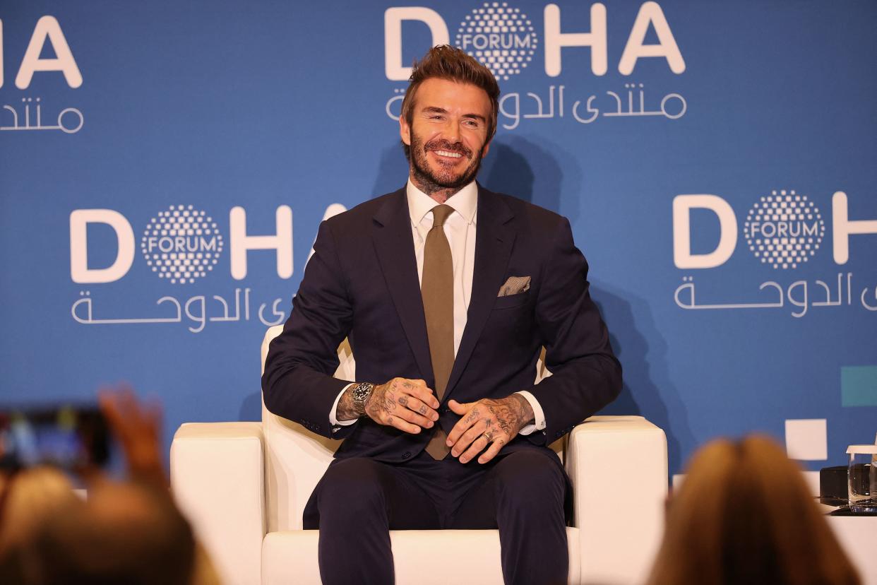 Former English footballer David Beckham  takes part in a panel at the Doha Forum in Qatar's capital on March 27, 2022. (Photo by KARIM JAAFAR / AFP) (Photo by KARIM JAAFAR/AFP via Getty Images)