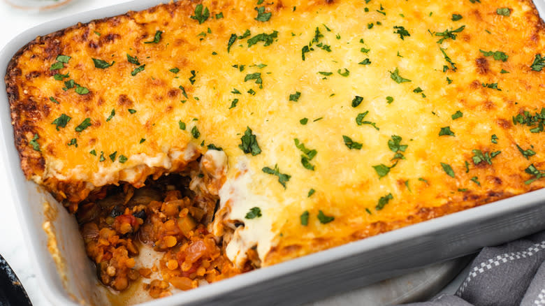 Lentil moussaka in baking dish