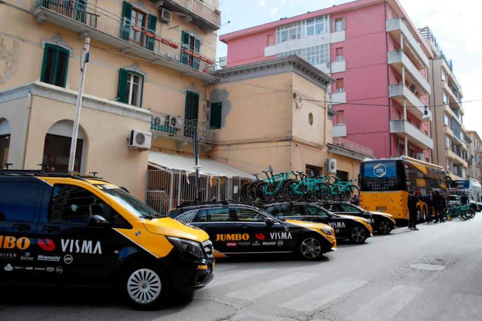 Jumbo-Visma vehicles in Lanciano on Tuesday as they pulled out before stage 10.