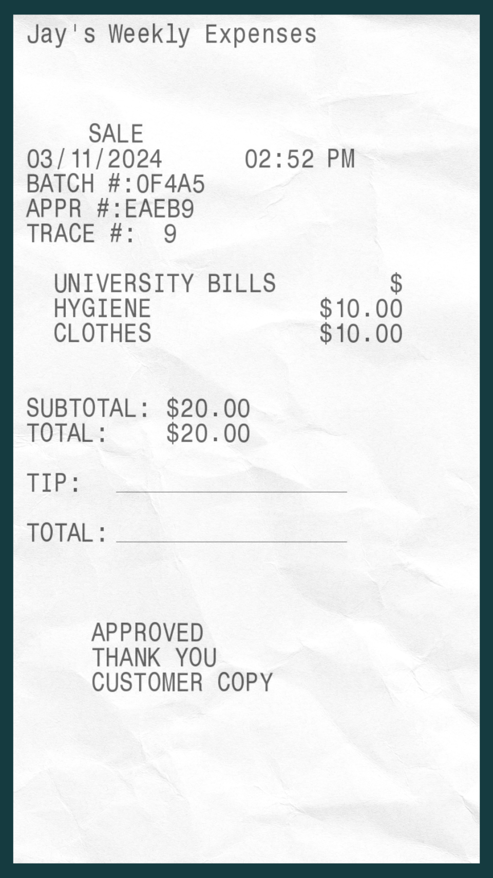 Receipt from University Hygiene Clothes showing a purchase total of $20.00 with an additional tip, date and time stamp, and "APPROVED" notice