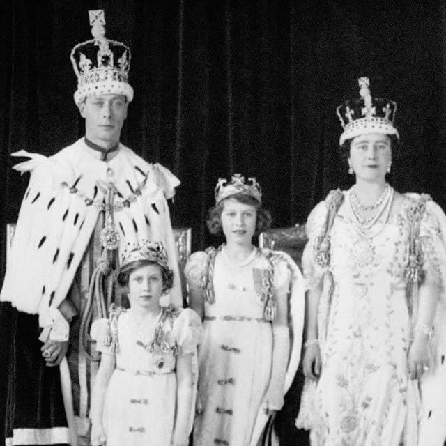 King George VI and Queen Elizabeth with their daughters Princess Elizabeth and Princess Margaret after the Coronation in May 1937