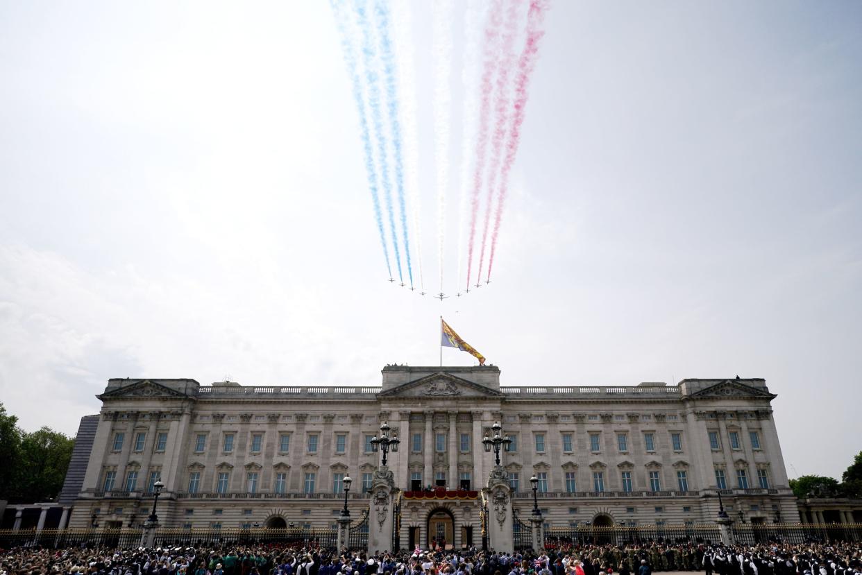 A flypast over Buckingham Palace, London, following the Trooping the Colour ceremony in central London (PA)