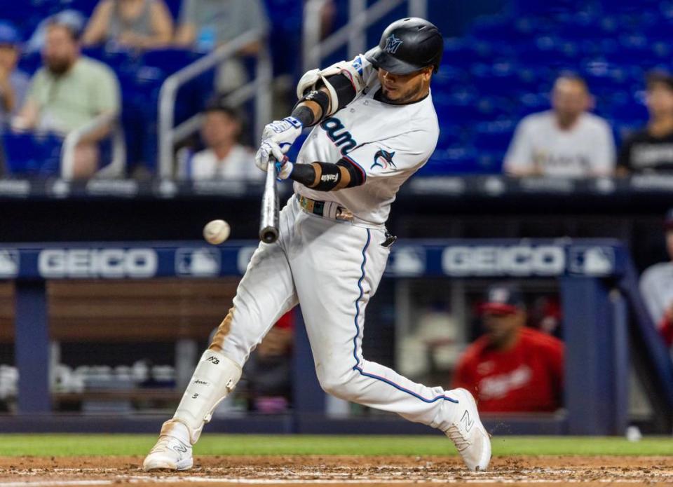 Miami Marlins batter Luis Arraez (3) swings at a pitch during an MLB game against the Washington Nationals at loanDepot park in the Little Havana neighborhood of Miami, Florida, on Wednesday, May 17, 2023.