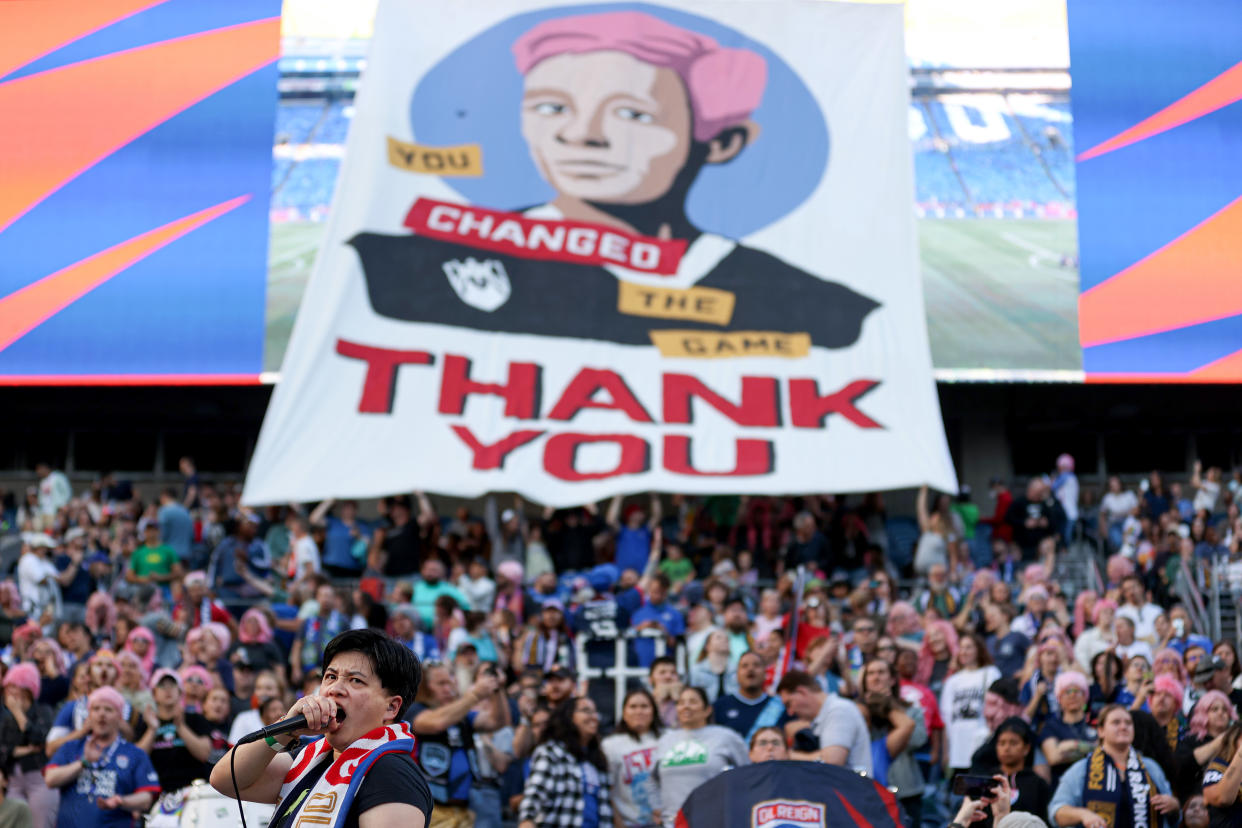 SEATTLE, WASHINGTON - OCTOBER 06: Fans honor Megan Rapinoe #15 of OL Reign during her last home regular-season NWSL match at Lumen Field on October 06, 2023 in Seattle, Washington. (Photo by Steph Chambers/Getty Images)