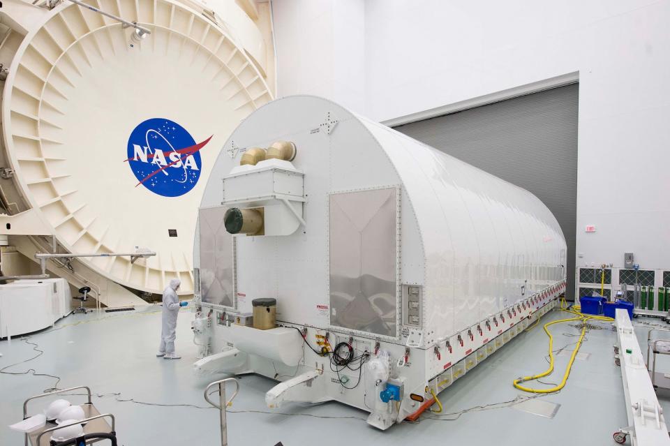 The Space Telescope Transporter for Air, Road and Sea (STTARS) sits outside of Chamber A at NASA’s Johnson Space Center in Houston. NASA’s James Webb Space Telescope completed cryogenic testing inside the chamber in November 2017. <cite>Chris Gunn/NASA</cite>