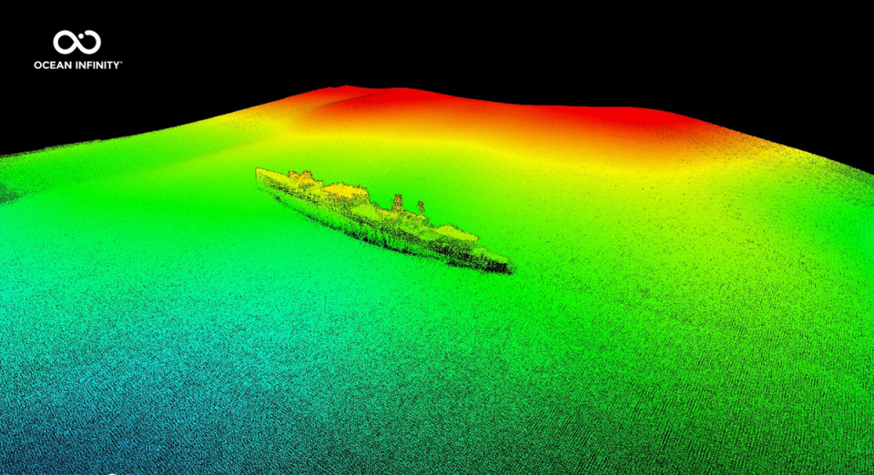 Picture shows a multibeam image of USS Stewart’s stern (Ocean Infinity/the Air/Sea Heritage Foundation/SEARCH/NOAA’s Office of National Marine Sanctuaries/the Naval History and Heritage Command (NHHC))