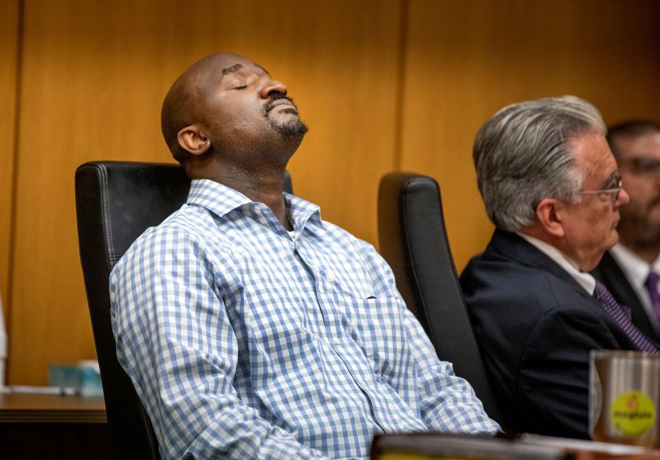 Marcelle Jerrill Waldon leans back and closes his eyes after a jury found him guilty of 2 counts of first degree murder in the deaths of Edie Yates Henderson and her husband David Henderson in court in Bartow Fl. Wednesday January 31,2024. Waldon faces a possible death penalty sentence for the murders.
Ernst Peters/The Ledger