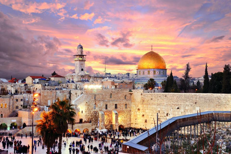 Skyline of the Old City at the Western Wall and Temple Mount in Jerusalem, Israel.