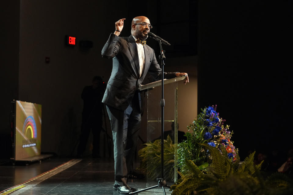 The Rev. Frederick D. Haynes III speaks after becoming the leader of the Rainbow PUSH Coalition in Dallas, late Thursday, Feb. 1, 2024. (AP Photo/LM Otero)