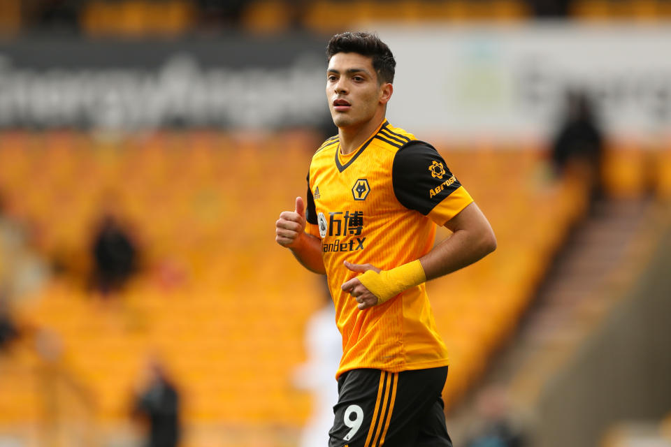 WOLVERHAMPTON, ENGLAND - OCTOBER 04: Raul Jimenez of Wolverhampton Wanderers during the Premier League match between Wolverhampton Wanderers and Fulham at Molineux on October 4, 2020 in Wolverhampton, United Kingdom. Sporting stadiums around the UK remain under strict restrictions due to the Coronavirus Pandemic as Government social distancing laws prohibit fans inside venues resulting in games being played behind closed doors. (Photo by James Williamson - AMA/Getty Images)