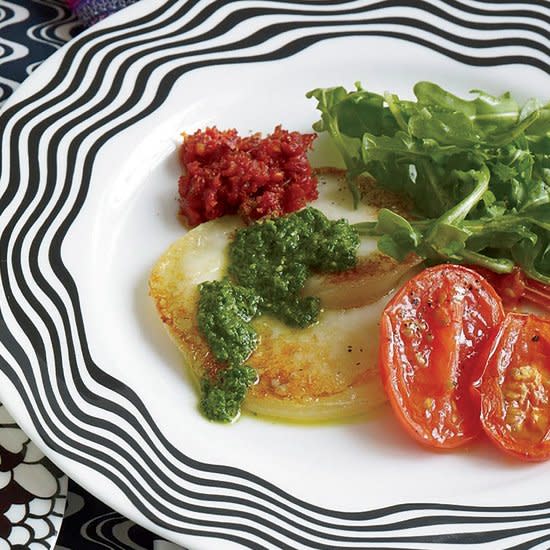 Pan-Fried Scamorza with Arugula Salad and Two Pestos