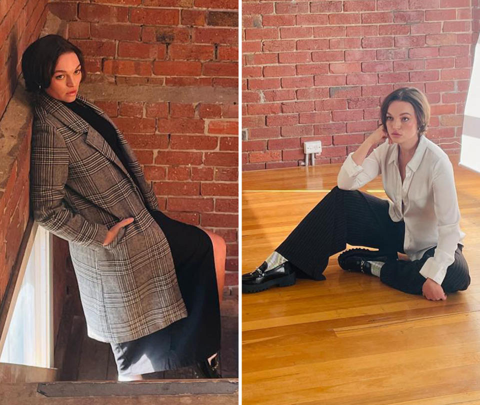 L: Home and Away star Courtney Miller posing against a brick wall. R: Courtney Miller sitting on a wooden floor