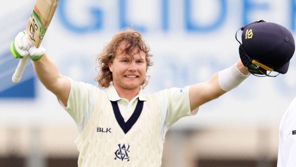 Pictured here, Victoria opener Will Pucovski celebrates a big score in the Sheffield Shield.