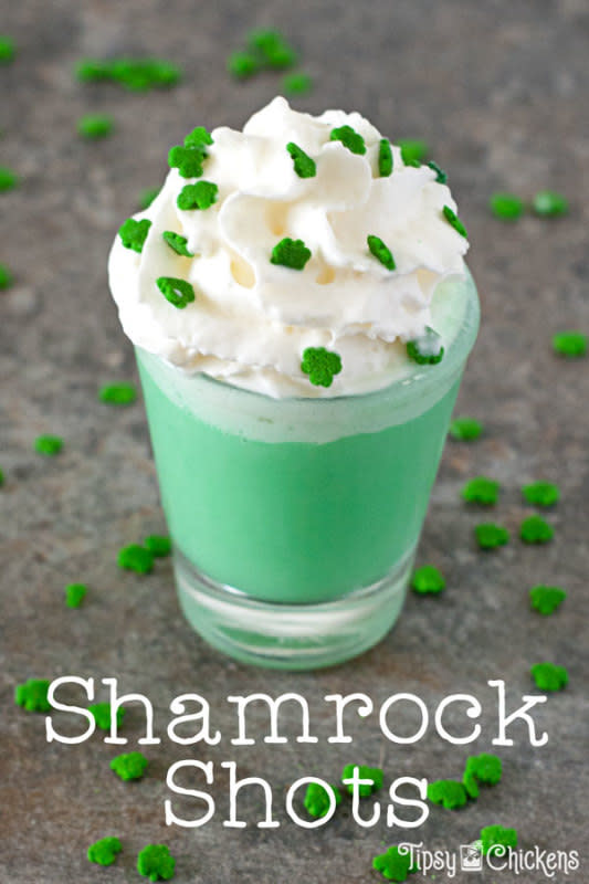 <p>Tipsy Chickens</p><p>Shamrock shakes might only be available for a limited time but have no fear, you can make these minty fresh Shamrock Shots any time you’re in the mood for a little Irish fun!</p><p><strong>Get the recipe here: <a href="https://tipsychickens.com/shamrock-shots-creme-de-menthe/" rel="nofollow noopener" target="_blank" data-ylk="slk:Shamrock Shots;elm:context_link;itc:0;sec:content-canvas" class="link ">Shamrock Shots</a></strong></p>