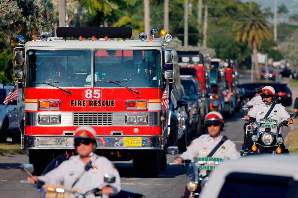 The funeral procession for Broward Sheriff Fire Rescue Battalion Chief Terryson Jackson leaves the L.C. Poitier Funeral Home in Pompano Beach on Friday, Sept. 8, 2023. Jackson died in a helicopter crash on Monday, Aug. 28, when he and two BSFR colleagues were returning to the airport after responding to an emergency call. (Amy Beth Bennett / South Florida Sun Sentinel)