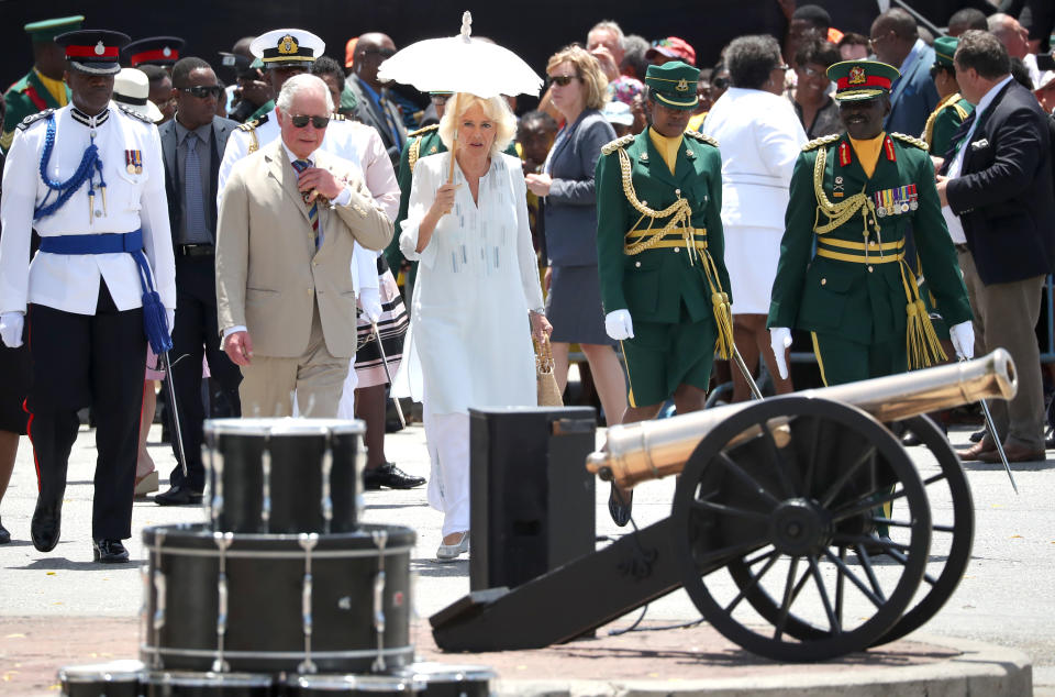 Charles and Camilla at the welcome ceremony in Barbados [Photo: PA]