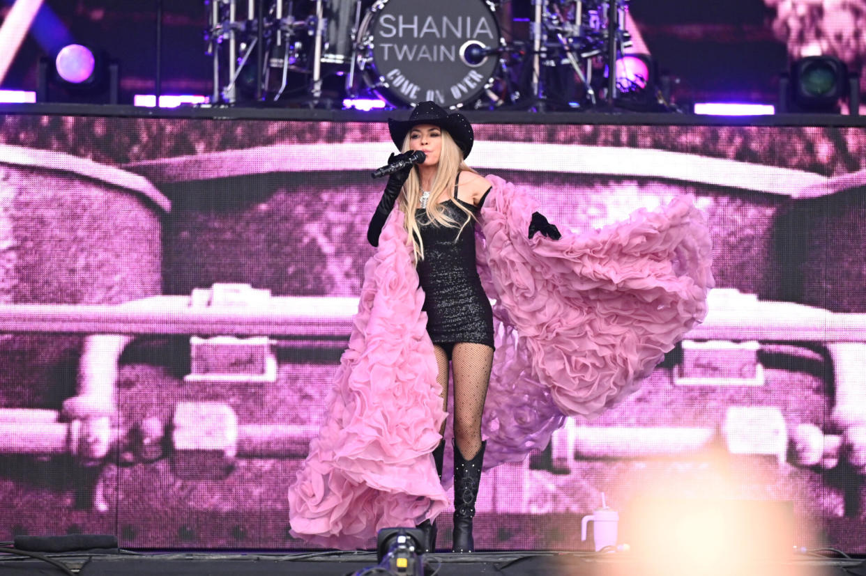 Shania Twain performs on the Pyramid stage during day five of Glastonbury Festival 2024 at Worthy Farm, Pilton on June 30, 2024 in Glastonbury, England. Founded by Michael Eavis in 1970, Glastonbury Festival features around 3,000 performances across over 80 stages. Renowned for its vibrant atmosphere and iconic Pyramid Stage, the festival offers a diverse lineup of music and arts, embodying a spirit of community, creativity, and environmental consciousness. (Photo by Joe Maher/Getty Images)
