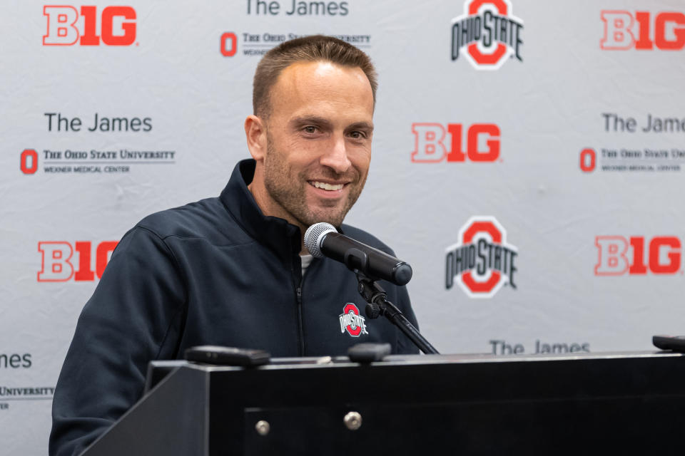 Ohio State Buckeyes defensive coordinator and secondary coach Jeff Hafley speaks to the media during an Ohio State Buckeyes news conference on Aug. 27. (Adam Lacy/Getty Images)