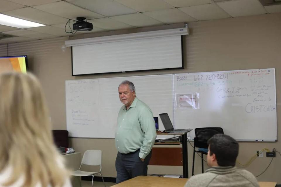 Greg James, NEMCC’s workforce systems director, leads a workforce council meeting last month. Molly Minta/Mississippi Today