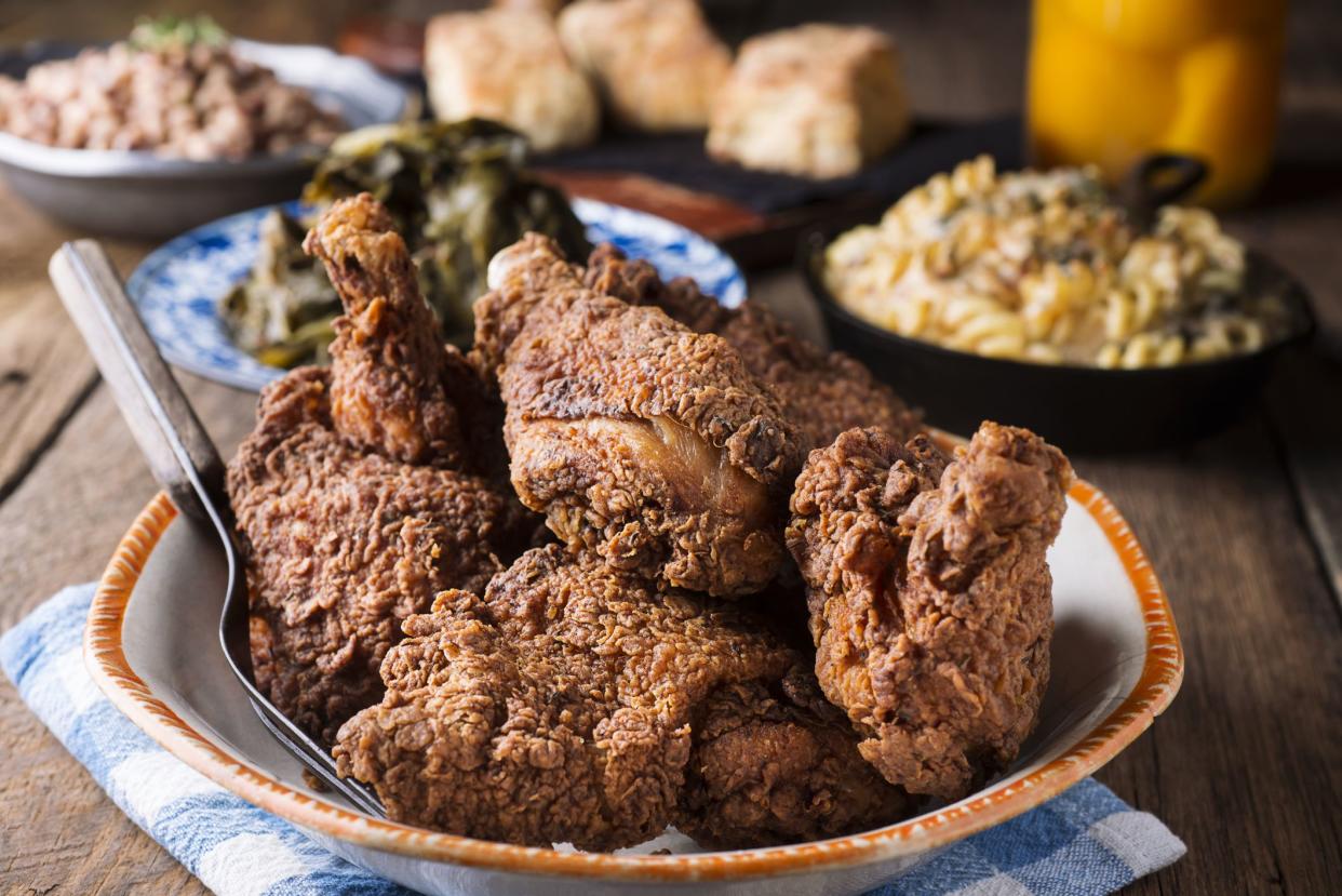 Classic Souther Fried Chicken with Collard Greens and Macaroni and Cheese.