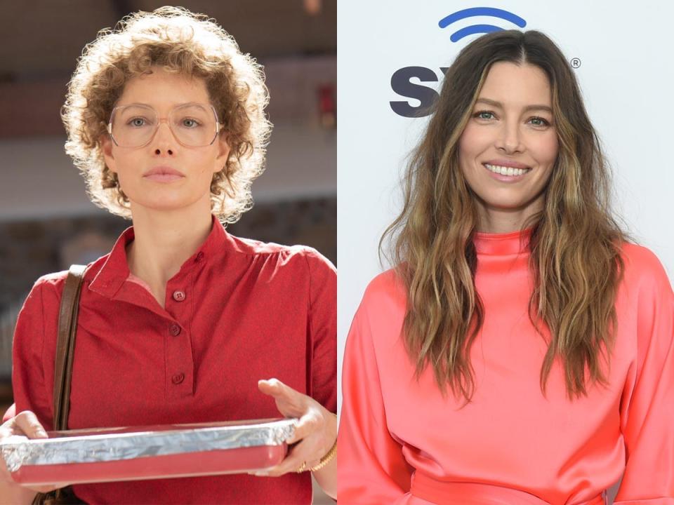 Jessica Biel as Candy on Hulu's "Candy," left; right, in 2022.