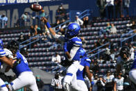 Georgia State quarterback Cornelious Brown IV passes against Coastal Carolina during the first half of an NCAA football game Saturday, Oct. 31, 2020, in Atlanta. (AP Photo/John Amis)