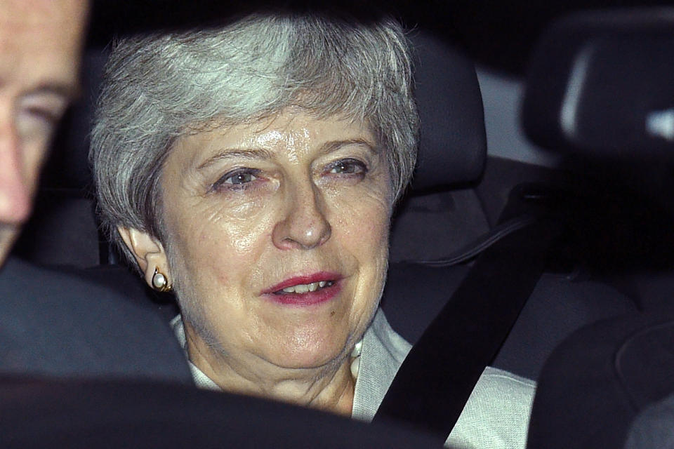 Britain's former prime minister Theresa May is driven away from the Houses of Parliament after attending an emergency debate on a no-deal Brexit in London on September 3, 2019. - Prime Minister Boris Johnson suffered a major parliamentary defeat over his Brexit strategy on Tuesday, which could delay Britain's exit from the European Union next month and force an early election. (Photo by Oli SCARFF / AFP)        (Photo credit should read OLI SCARFF/AFP/Getty Images)