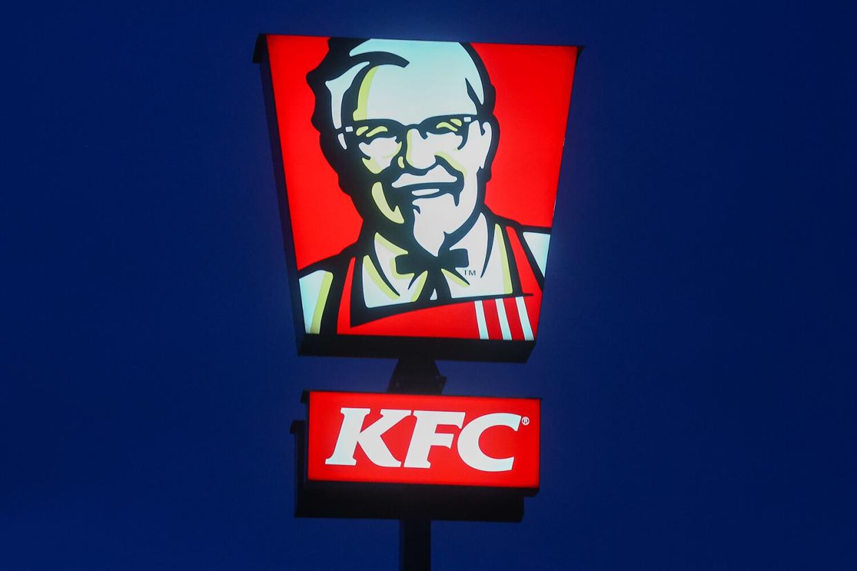 KFC logo sign is seen in Krakow, Poland on November 4, 2022. (Photo by Beata Zawrzel/NurPhoto via Getty Images)