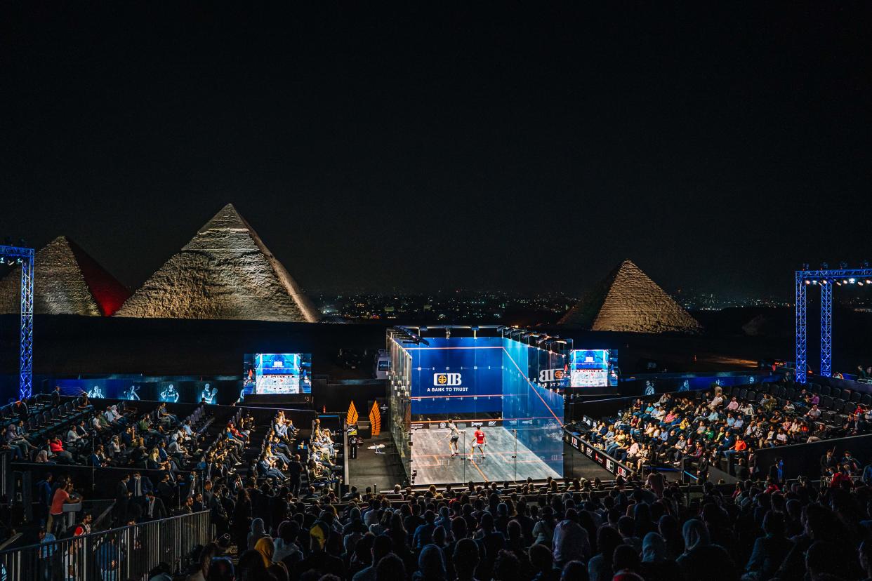 The modern day glass court has put the sport in front of iconic locations such as Cairo's Pyramids. Photo: Nathan Clarke/PSA