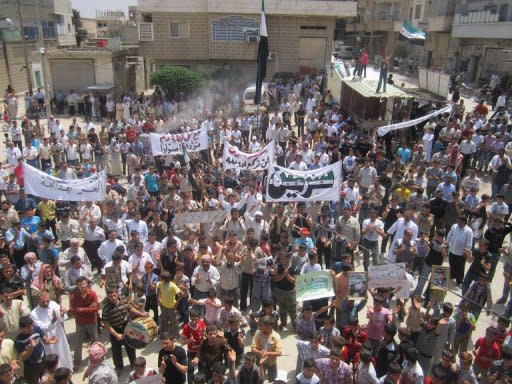 A handout picture released by the Syrian opposition's Shaam News Network shows an anti-regime demonstration in Sermin