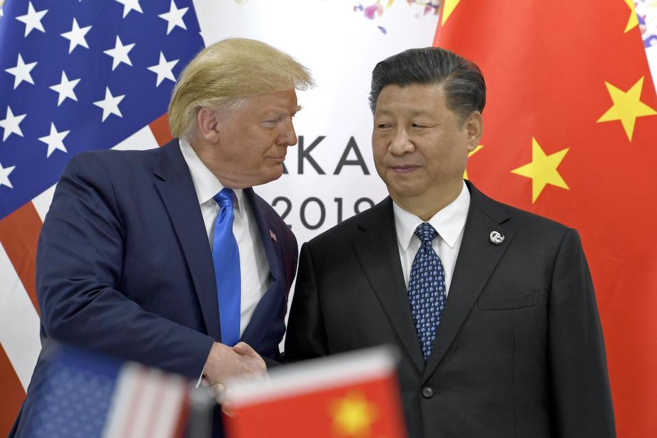 <p>President Donald Trump shakes hands with Chinese President Xi Jinping during a meeting on the sidelines of the G-20 summit in Osaka, Japan, Saturday, June 29, 2019. (AP Photo/Susan Walsh)</p>
