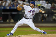 New York Mets' Rich Hill (21) delivers a pitch during the second inning of a baseball game against the St. Louis Cardinals, Monday, Sept. 13, 2021, in New York. (AP Photo/Frank Franklin II)