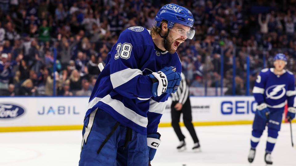 The Tampa Bay Lightning have signed forward Brandon Hagel to a juicy max-term extension, the club announced on Tuesday. (Mark LoMoglio/NHLI via Getty Images)
