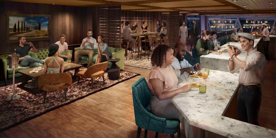 rendering of people in a restaurant on Utopia of the Seas